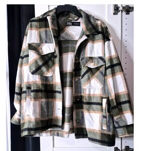 ZARA Plaid Oversized Shirt Jacket Green White Tan Black Size Medium‎